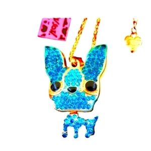 Blue big cartoon head dog rhinestones gold tone chain necklace cute